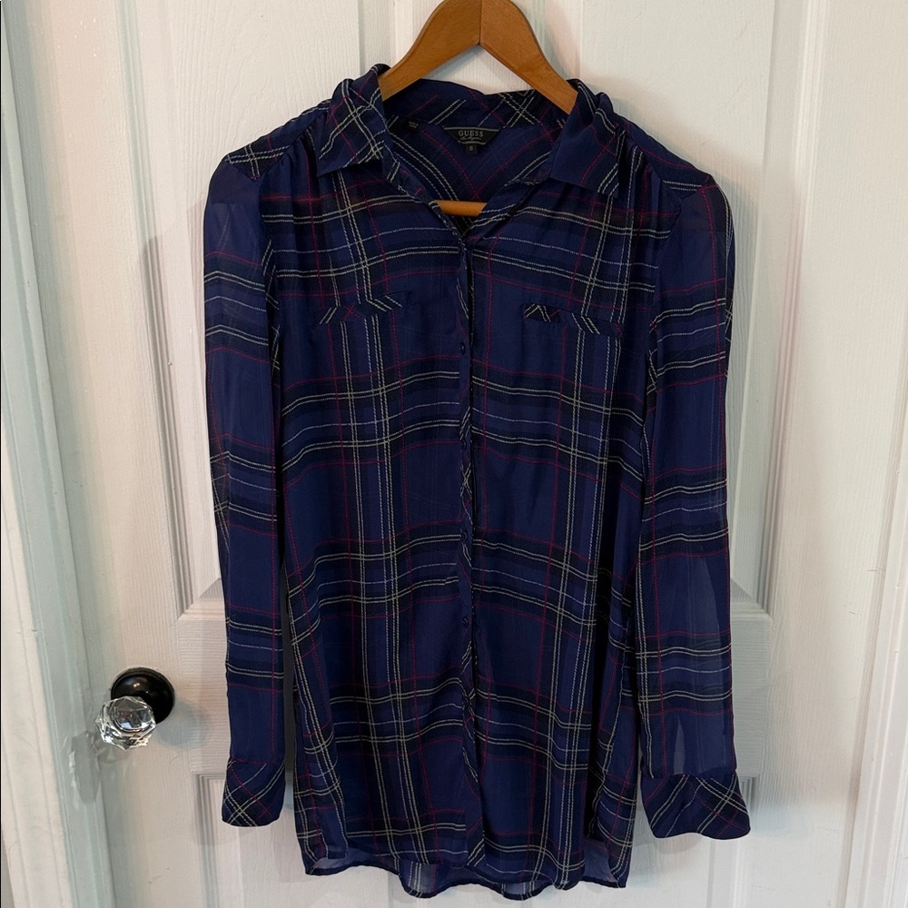 Guess Navy Plaid Button-Front Blouse